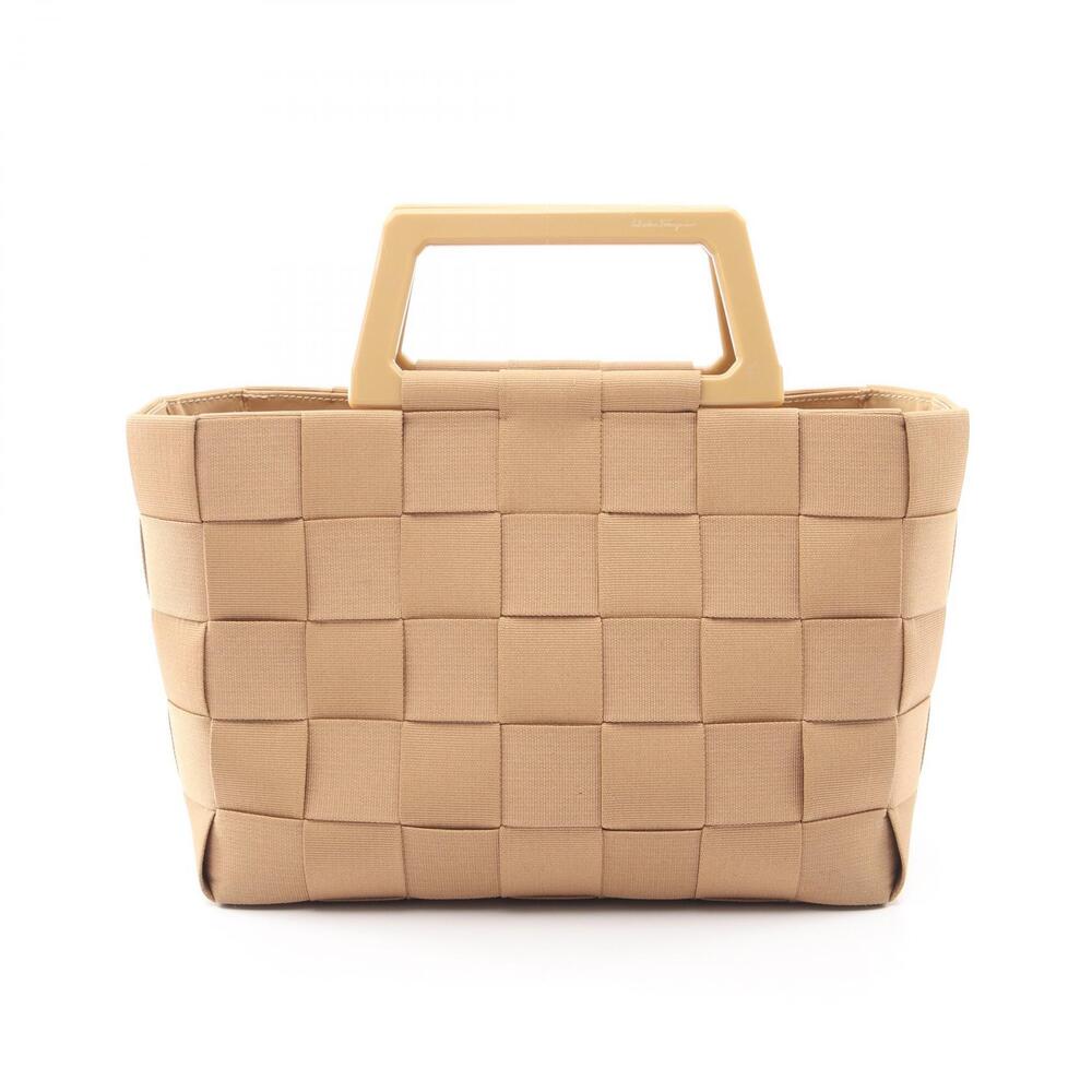 Salvatore Ferragamo beige woven grosgrain ribbon tote bag resin top handle